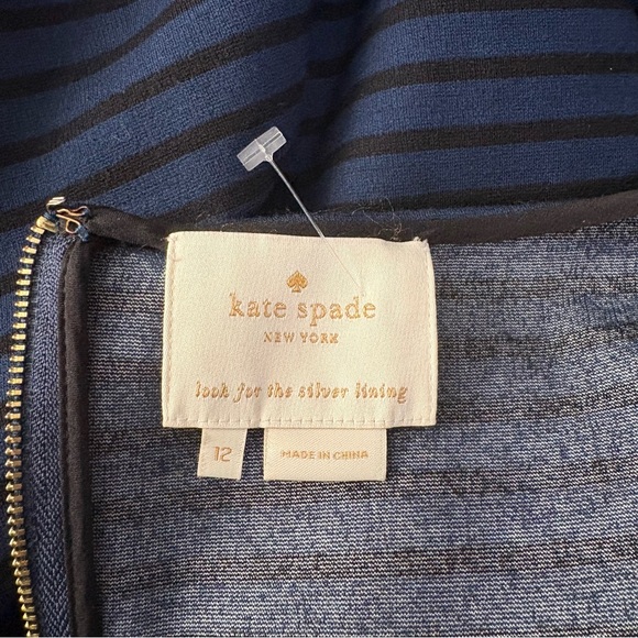 Women's Kate Spade 3/4 Sleeve Striped Dress Black Blue Zipper Peplum Size 12 - Picture 3 of 16